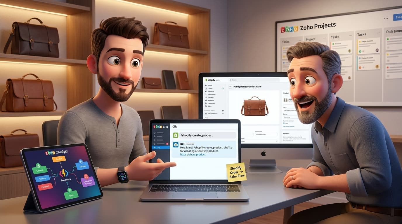 Shopify-Produktpflege automatisieren mit Zoho Catalyst, Cliq und API-Integration