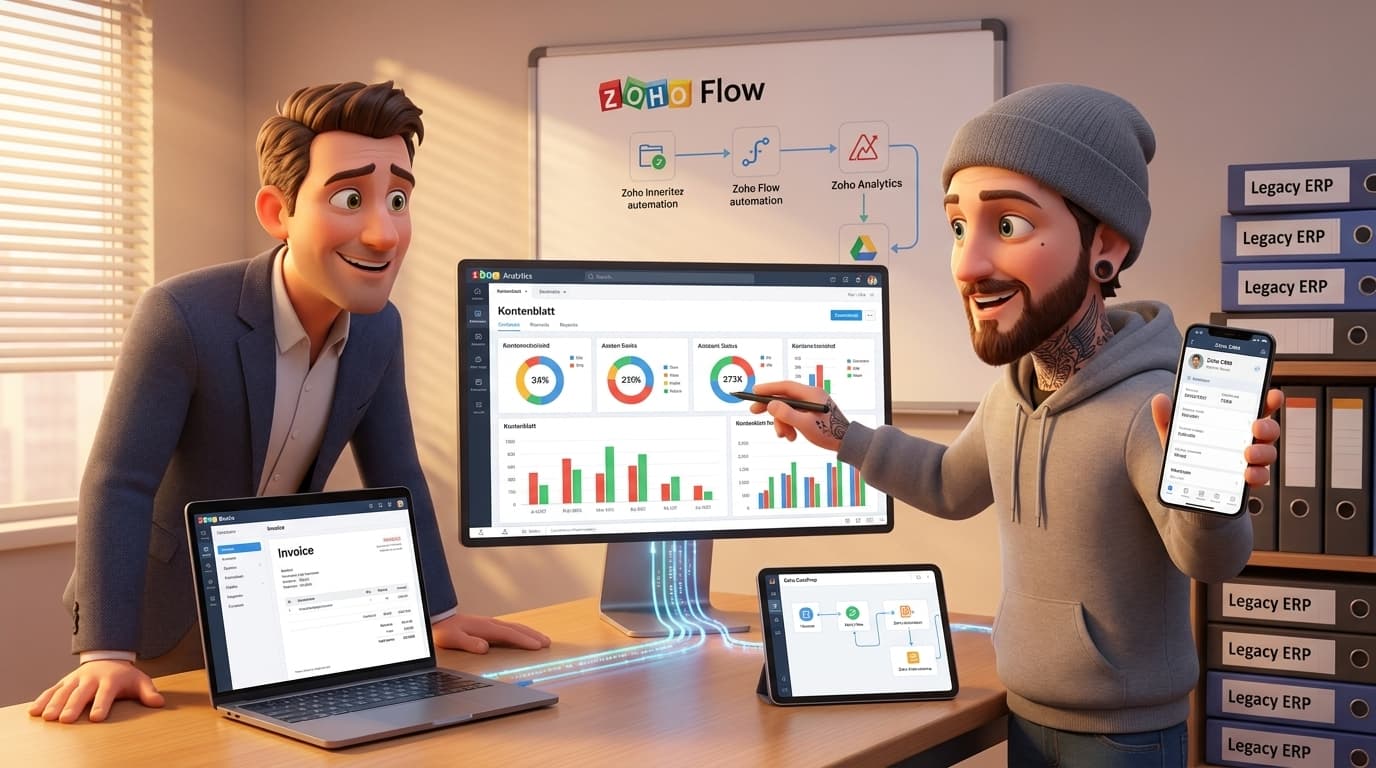 Zoho Books, Analytics, DataPrep und Flow: Migration von ERP-Finanzdaten, Reporting und E-Mail-Prozessen
