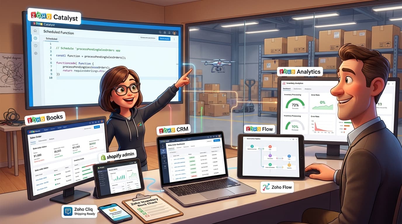 Zoho Books, Zoho Catalyst und Zoho Cliq: Asynchrone Lagerbestandsprüfung automatisieren