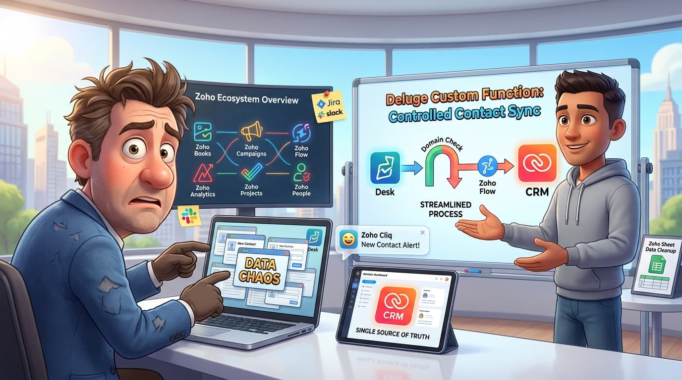 Zoho CRM als Single Source of Truth: Deluge Custom Function zur sauberen Kontaktsynchronisation zwischen Zoho Desk und CRM