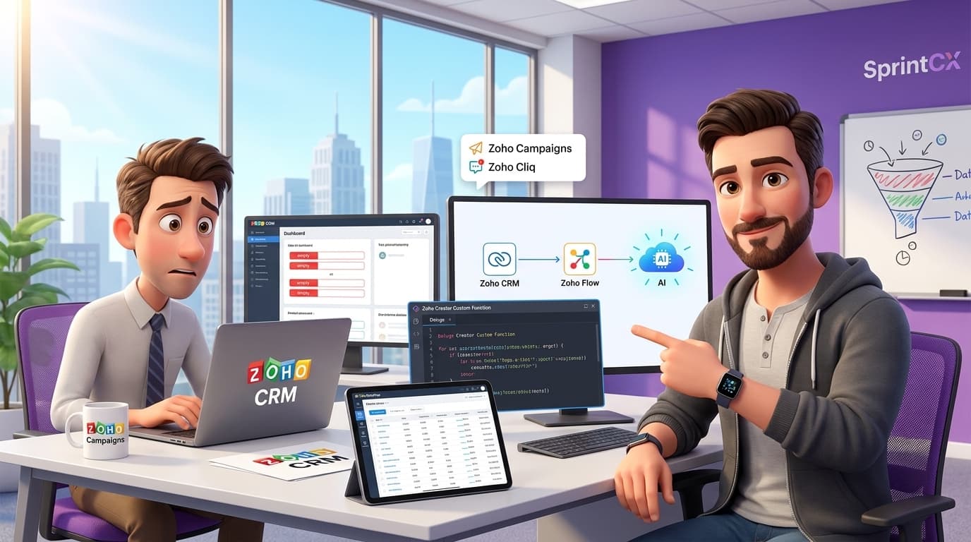 Zoho CRM Workflows, Deluge und KI-API für automatisierte Kontaktanreicherung