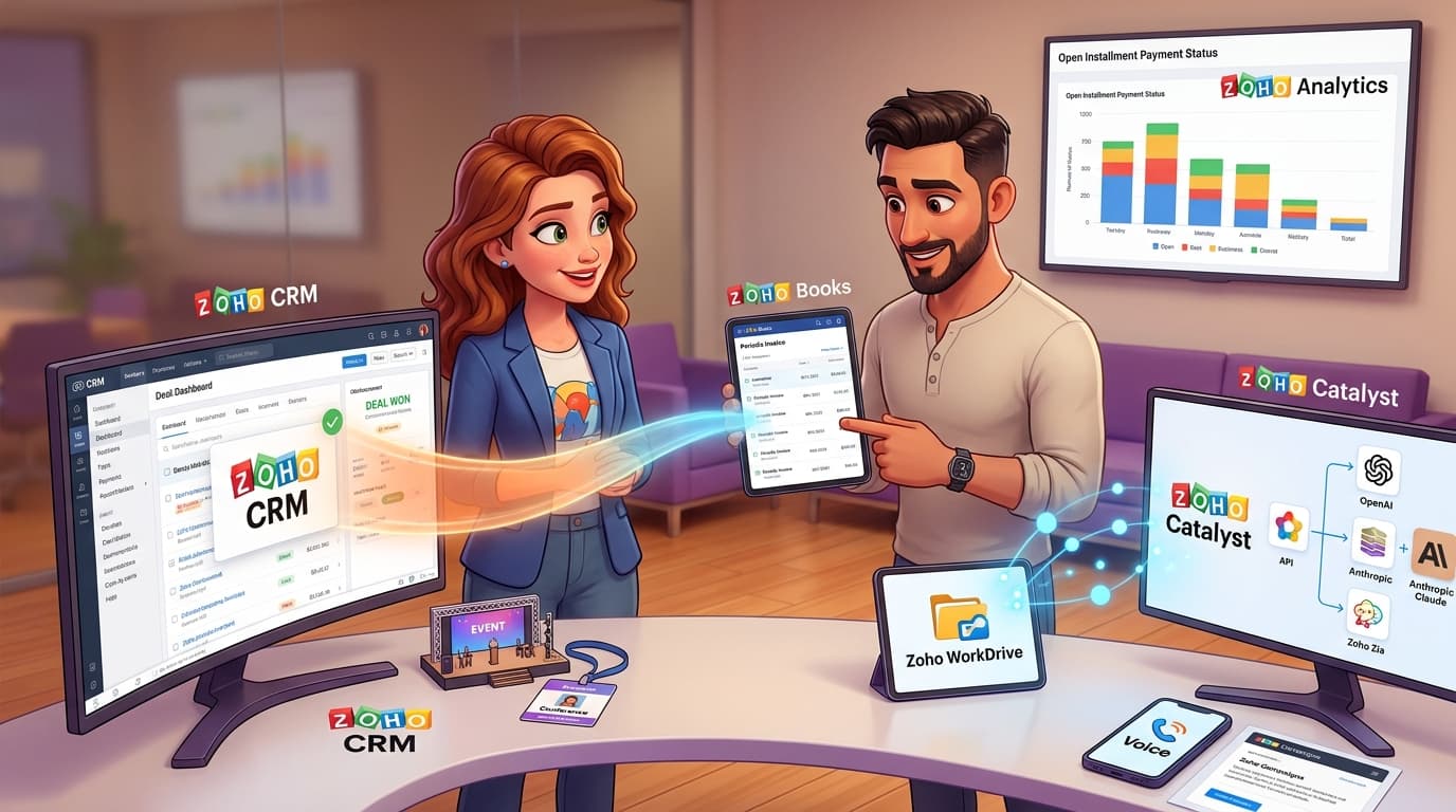 Zoho CRM, Zoho Books und KI-APIs: Ratenzahlungsprozess und Lead-Import automatisieren
