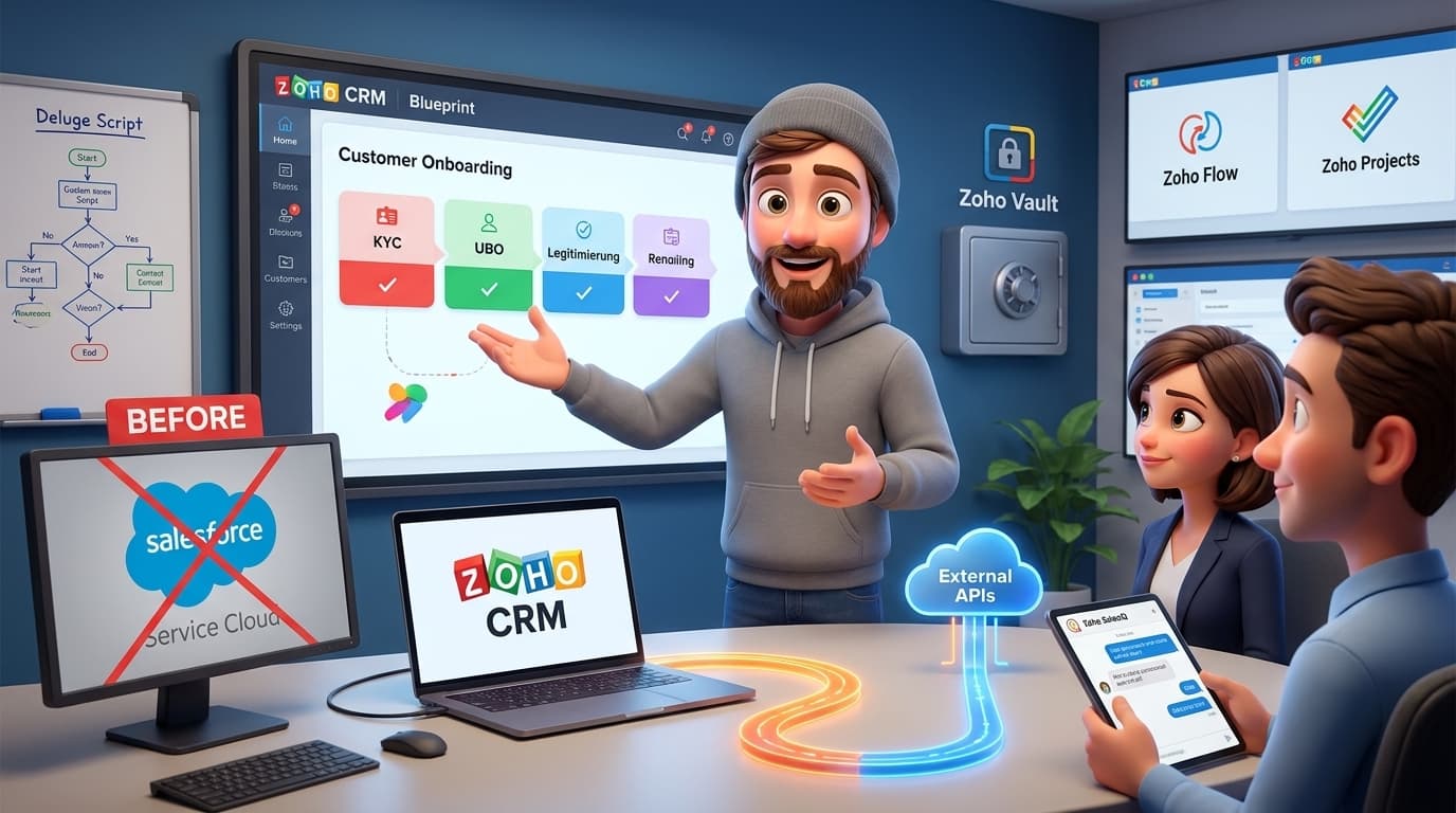 Zoho CRM, Zoho Desk und Deluge: Automatisierung und Migration für KYC-Onboarding und Support-Prozesse